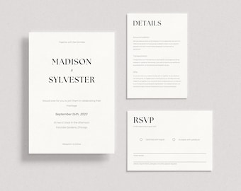 Wedding Invitation Suite Template | Typographic | Minimalist | Modern | RSVP | Details Card | Editable | Instant Download | Canva - Madison