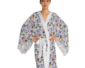 Bata tipo kimono de manga larga con mosaico floral abstracto