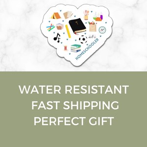 May include: A white heart-shaped sticker with a black bible, books, a soccer ball, a tent, a ruler, a pencil, crayons, a music note, a clock, a sewing needle, a cupcake, a paintbrush, a paint tube, a glass of liquid, a bag of groceries, and the text "a b c HOMESCHOOLER" in blue and black.