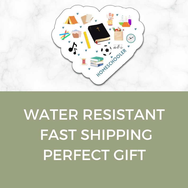 May include: A white heart-shaped sticker with a black bible, books, a soccer ball, a tent, a ruler, a pencil, crayons, a music note, a clock, a sewing needle, a cupcake, a paintbrush, a paint tube, a glass of liquid, a bag of groceries, and the text "a b c HOMESCHOOLER" in blue and black.