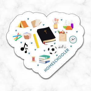May include: A white heart-shaped sticker with the text "HOMESCHOOLER" in blue letters. The sticker features various illustrations of homeschooling activities, including a tent, a book, a ruler, a soccer ball, a Bible, a music note, a sewing needle, a clock, a cup of coffee, a bag of groceries, a science beaker, a cupcake, and colored pencils.