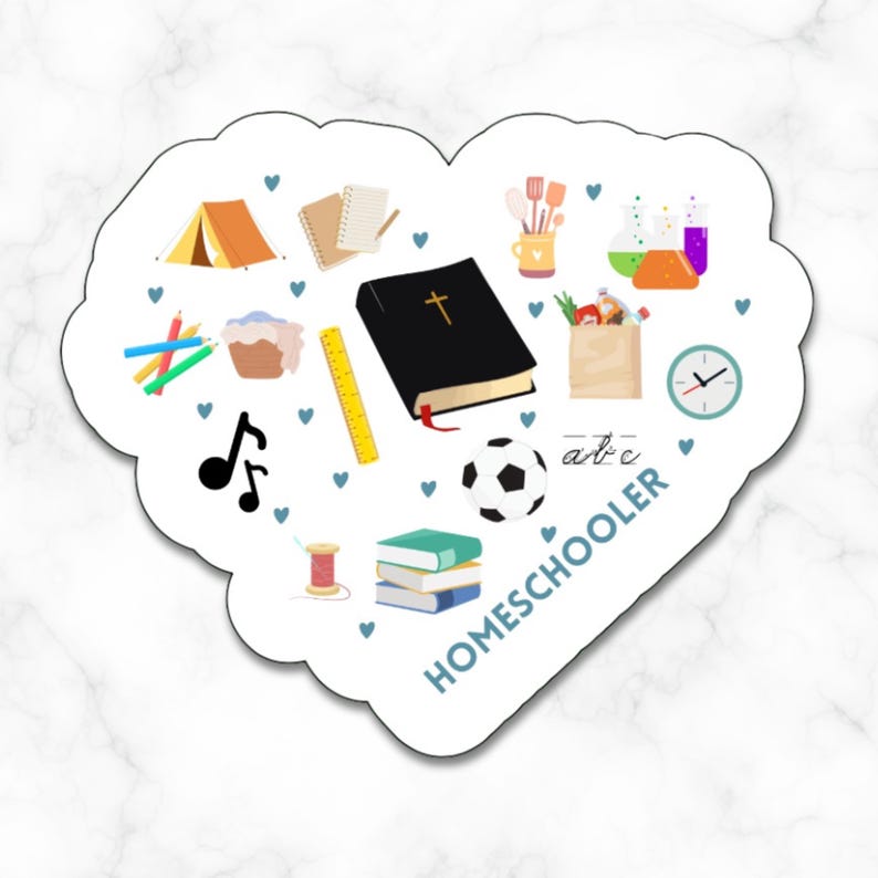 May include: A white heart-shaped sticker with the text "HOMESCHOOLER" in blue letters. The sticker features various illustrations of homeschooling activities, including a tent, a book, a ruler, a soccer ball, a Bible, a music note, a sewing needle, a clock, a cup of coffee, a bag of groceries, a science beaker, a cupcake, and colored pencils.