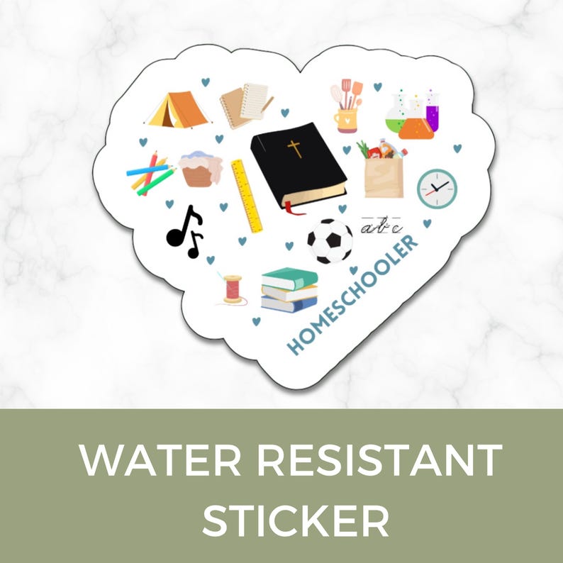 May include: Water resistant sticker with a heart shape and a variety of images related to homeschooling, including a book, a soccer ball, a tent, a ruler, a clock, a music note, a sewing needle, and a stack of books. The text "HOMESCHOOLER" is written in a white circle on the sticker.