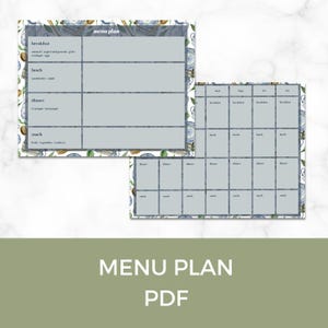 May include: Two menu plan templates with a blue and white floral border. The larger template has sections for breakfast, lunch, dinner, and snacks. The smaller template is a weekly meal planner. The text "MENU PLAN PDF" is at the bottom.