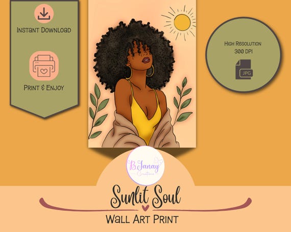 Sunlit Soul Black Woman Wall Art Print | Boho Afro Art (Digital Download)