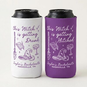 Witch Bachelorette Can cooler, Personalized Witch Hat Halloween Bachelorette Party Favors, Halloween Bachelorette Koozie image 2