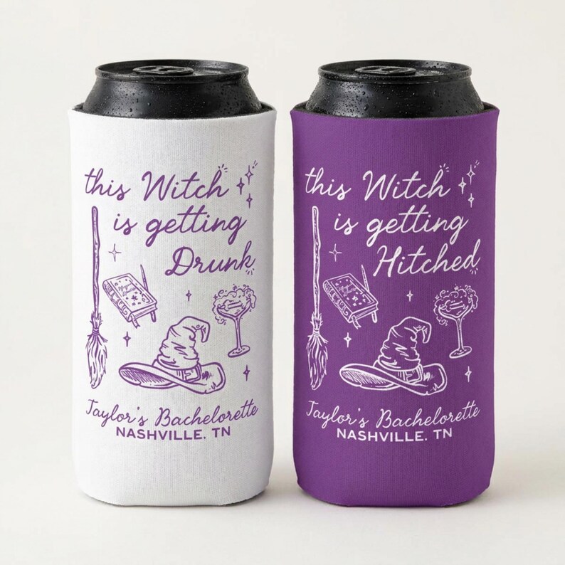 Witch Bachelorette Can cooler, Personalized Witch Hat Halloween Bachelorette Party Favors, Halloween Bachelorette Koozie image 2