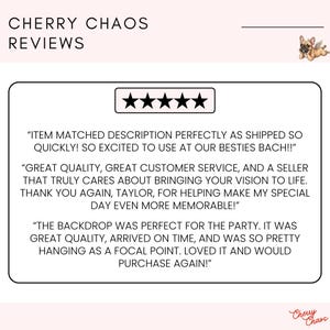 May include: A white graphic display titled CHERRY CHAOS REVIEWS featuring a small illustration of a winged French bulldog. The center contains a five-star rating and three customer testimonials praising product quality and service.