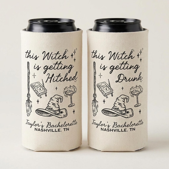 Witch Bachelorette Can cooler, Personalized Witch Hat Halloween Bachelorette Party Favors, Halloween Bachelorette Koozie