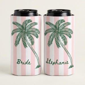 Personalized Bachelorette Can Coolers, Coastal Palm Tree Party Favors, Beach Bach Gifts