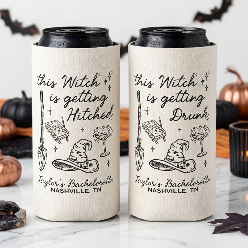 May include: Two off-white foam can coolers with black text and illustrations. One reads 'this Witch is getting Hitched', the other 'this Witch is getting Drunk'. Both feature a broom, a book, a witch hat, a cocktail glass, and 'Taylor's Bachelorette NASHVILLE, TN'.