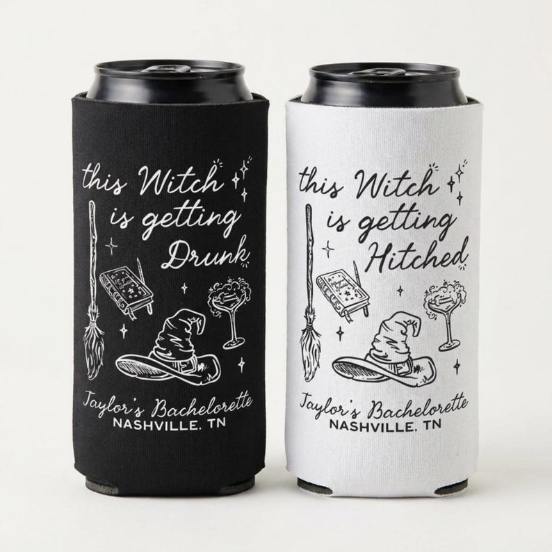 Witch Bachelorette Can cooler, Personalized Witch Hat Halloween Bachelorette Party Favors, Halloween Bachelorette Koozie image 5