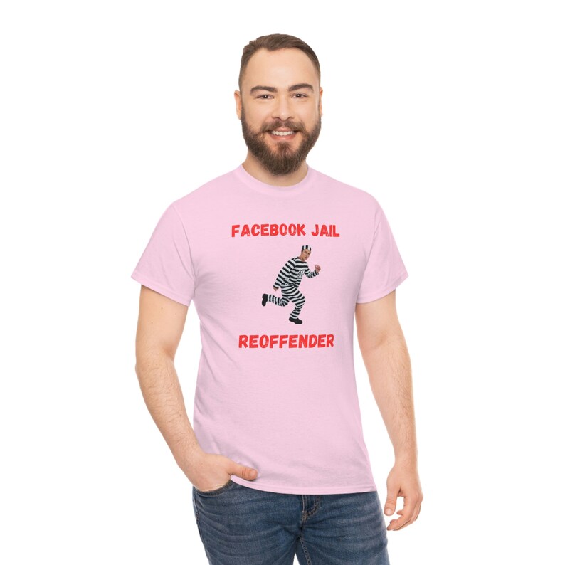 Facebook Jail Reoffender convict banned funny t shirt social media fancy dress Unisex Heavy Cotton Tee image 3