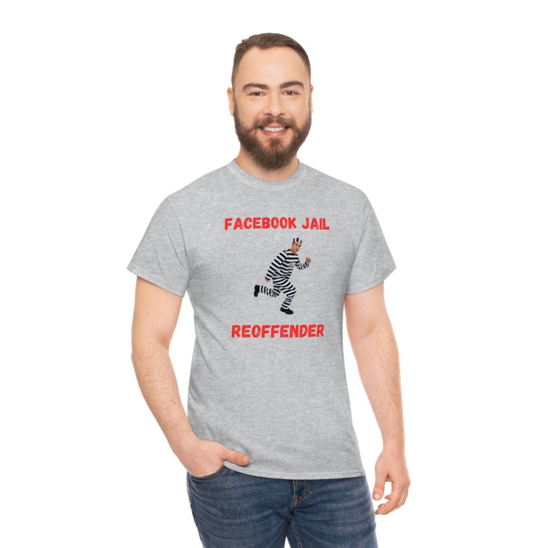 Facebook Jail Reoffender convict banned funny t shirt social media fancy dress Unisex Heavy Cotton Tee image 1