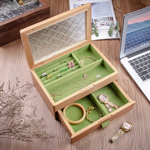 2-Schicht-Holz Schmuckschatulle, Armband Uhr Schmuck Organizer, Walnuss Holz Halskette Ring Organizer Box, 5. Jahrestag Geschenk, Weihnachtsgeschenk