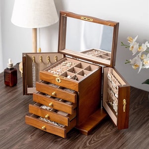 Holzschmuckschatulle mit Schloss Schublade, 4-5-Schicht Schmuck Organizer, Halskette Ring Organizer Box, Geburtstagsgeschenk, Muttertagsgeschenk, Geschenk für sie