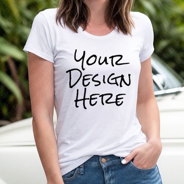 White Bella Canvas 3001 Tshirt Mockup for Women, Plain White T shirt Mockup on Model, Tee mockup with blurred nature and boat background