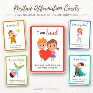 Affirmationskort för barn, 20 dagliga affirmationer, motivation, självkänsla, mental hälsa, självvård, terapi-jag-är-kort, digital nedladdning