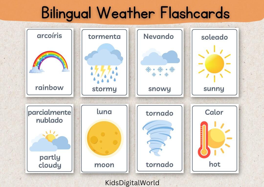 Bilingual Weather Flashcards 16 Colorful Weather Cards Etsy