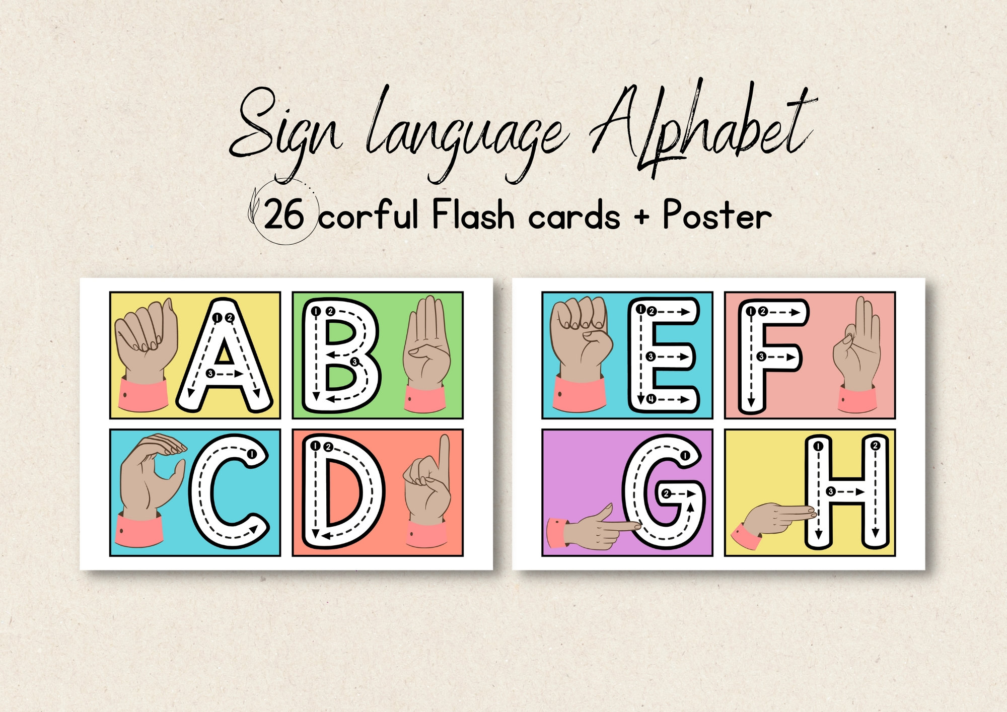 Colorful Sign Language Flash Card ASL Alphabet Card Etsy