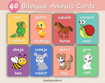 Bilingual Animals Flashcards: Spanish & English Learning (Digital Download)