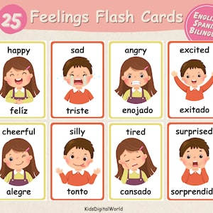 Cartes-éclair bilingues sur les émotions, Émotions à imprimer pour les enfants d'âge préscolaire, Apprentissage social et émotionnel, Régulation des émotions, Décoration pour enfants d'âge préscolaire, Anglais-Espagnol