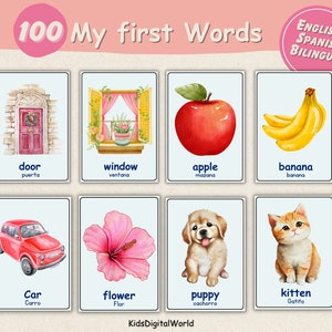 100 First Words バイリンガル、フラッシュカード、英語とスペイン語、モンテッソーリ教材、幼稚園のアクティビティ、ホームスクール、モンテッソーリの印刷可能なカード