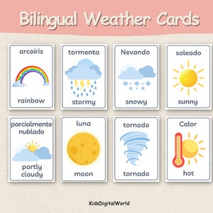 Tarjetas meteorológicas bilingües / 16 tarjetas meteorológicas coloridas / Tarjetas educativas imprimibles / Tarjetas didácticas Montessori / Tarjetas flash bilingües