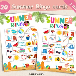 Jogo de Bingo de 20 Verão | Jogos coloridos para crianças | Jogos de festa de verão | Atividades divertidas de verão | Verão 2024 para impressão | Campo de verão