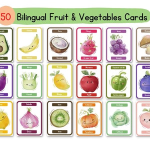 50 kleurrijke tweetalige groenten- en fruitkaart. Montessori-flitskaarten. Voorschoolse kaarten. Educatieve afdrukbare kaarten | Directe download