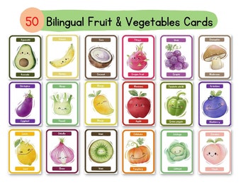 Bilingual Fruits & Vegetables Flash Cards: Montessori Educational Print (Instant Download)