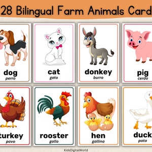 Tweetalige educatieve kaarten voor boerderijdieren | Montessori-flitskaarten | Regenboog educatieve afdrukbare kaarten | Voorschoolse kaarten | DIGITALE DOWNLOAD
