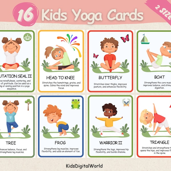 16 KIDS YOGA POSES, Yoga Flashcards benefits, Kids Movement Activity, Yoga Practice, Yoga games Cards, Yoga for Kids, Instant Download