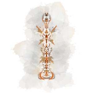 May include: Abstract digital art featuring a vertical design with symmetrical elements. The artwork uses a palette of white, brown, and orange hues. The design has a watercolor-like background.