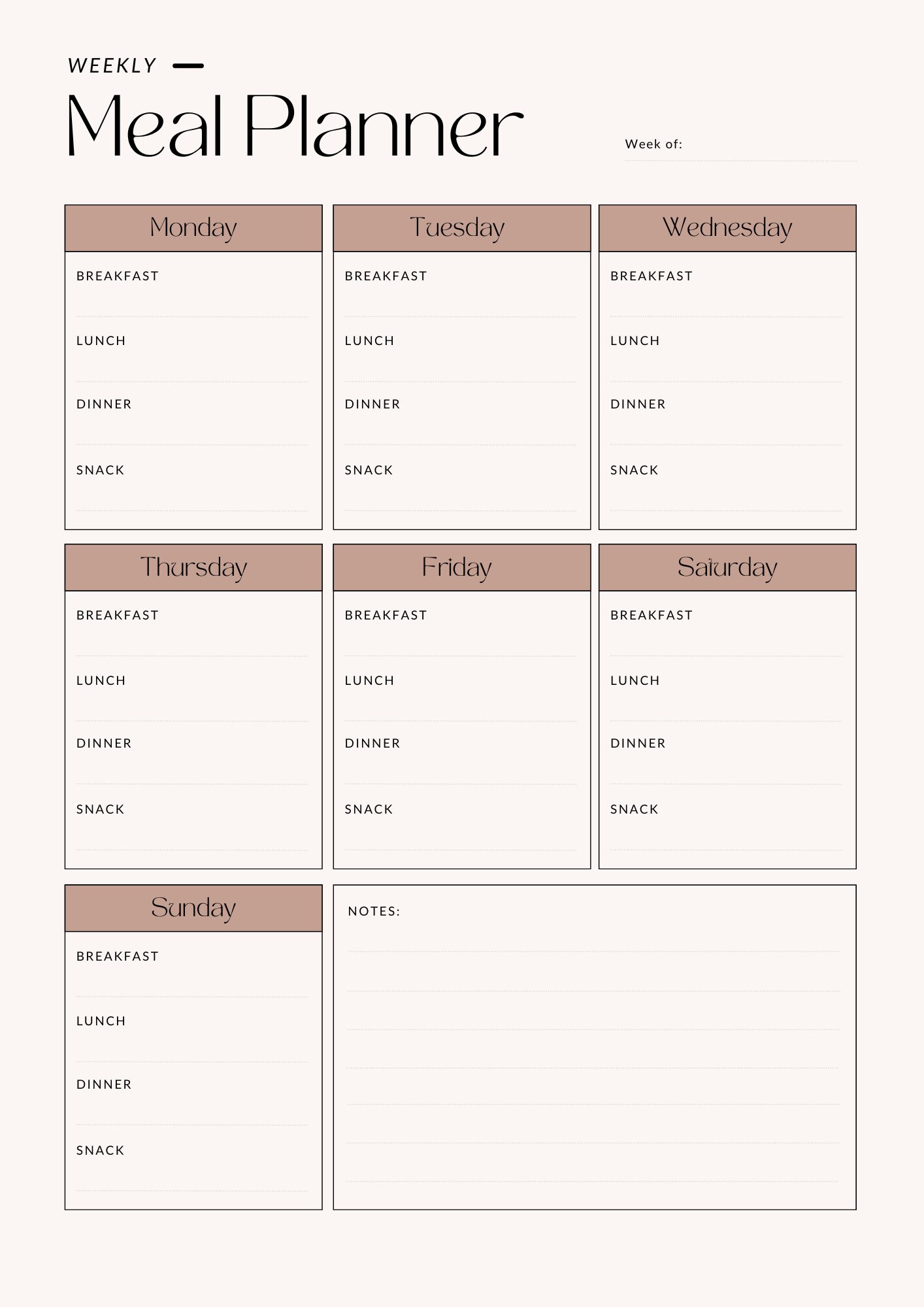 Printable Meal Planner, Weekly Menu Planner With Grocery List & Notes ...