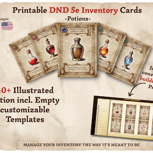 Könnte beinhalten: Druckbare DND 5e Inventarkarten mit Trankillustrationen. Die Karten enthalten anpassbare Vorlagen und ein Deck-Erstellungstool. Das Bild zeigt mehrere Karten mit verschiedenen Trankflaschendesigns und dem Text "Potions".
