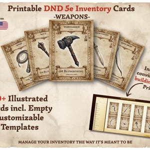 May include: Printable DND 5e inventory cards featuring weapon illustrations, including a warhammer, mace, and shortsword. The cards have a vintage design and include customizable templates. The image also includes a deck building tool.