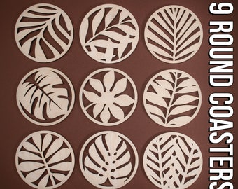 Tropical Leaf Coasters, Set of 9, Laser Cutting Files, SVG, DXF, Monstera Leaf Coaster