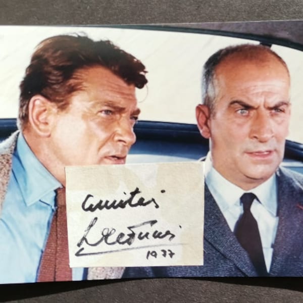 Louis de Funes, Fantomas, Signed Autograph on Paper, autographe, Vintage 1977, + bonus