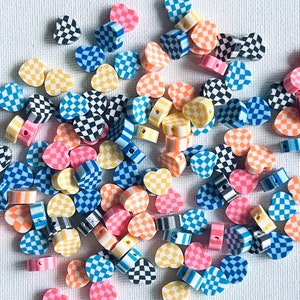 Checkered Heart Polymer Clay Beads: Multicolor 10mm (15-50pc Lots)