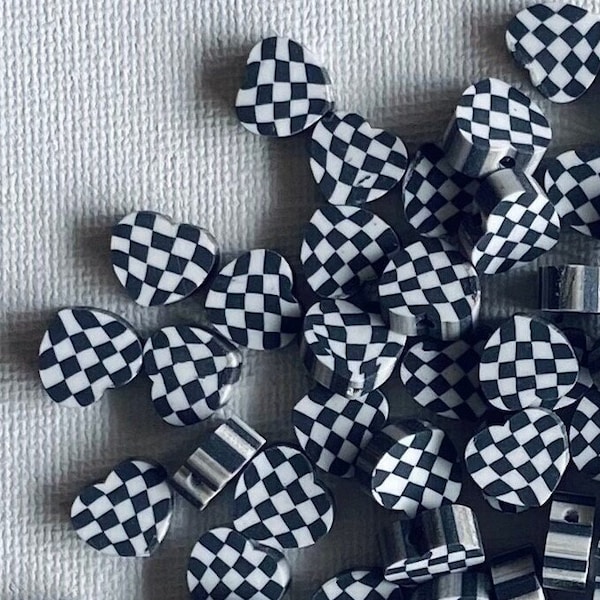 15pc-50pc•Checkered Flag Beads•Heart Shaped Black and White Beads•Heart Beads•Checkered Clay Beads•Polymer Clay Beads•Checkerboard Beads