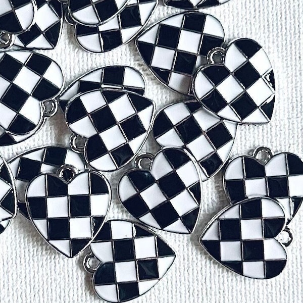 Checkered Flag Pendant•Silver Checkered Heart Pendant•Black and White Checkered Pendant•Checkerboard Pendant•Checkered Heart