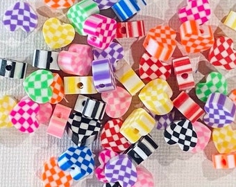 15pc-50pc•Checkered Flag Beads•Heart Shaped Multicolored Checkered Beads•Neon Heart Beads•Checkered Clay Beads•Clay Beads•Checkerboard Beads