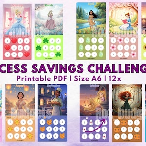 May include: A set of twelve printable Princess Savings Challenges, each featuring a different Disney princess and a corresponding monthly theme. The A6-sized PDF includes illustrations and savings trackers. The title "PRINCESS SAVINGS CHALLENGES" is displayed in purple text.