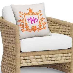 Chinoiserie Monogram Pagoda Pillow Cover: Pink & Orange Grandmillennial Decor
