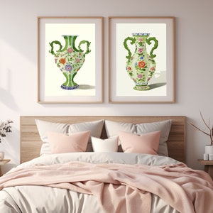 Set Kunstdruck Preppy Staffordshire Vase Chinoiserie Pagode Ginger Muster Blues und Grün Asiatisch Chippendale Chinesisches Kunstwerk Wand Kunst Poster