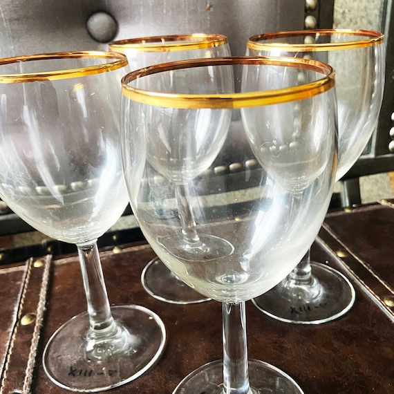 Vintage Mid Century Modern CRISTAL Glasses: 24K Gold Rim, Set of 4