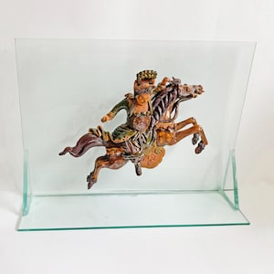 17th Century Chinese Sancai Glazed Warrior Roof Tile – Ming Dynasty Architectural Sculpture | Mounted on Plexiglass Display