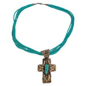 Vintage Sterling Silver Turquoise Cross Pendant Necklace – Navajo Style 1990s Handmade Rarity