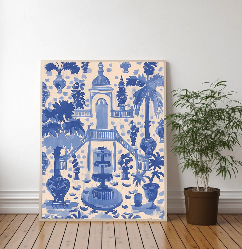 May include: A blue and white watercolor print of a garden scene with a fountain, palm trees, and a building. The print has a vintage feel and is perfect for adding a touch of whimsy to any room.